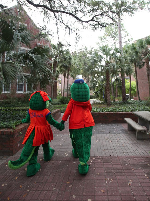 Alberta and Albert Gator walking hand in hand