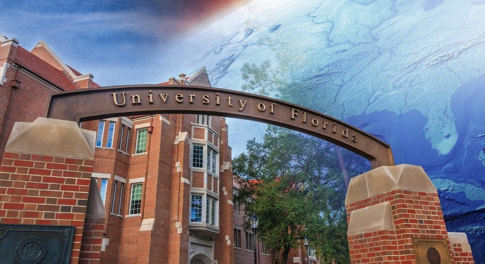 University of Florida gateway with Heavener Hall in the background