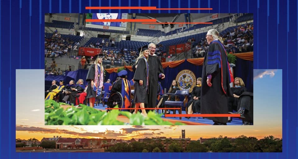 Photo of Fisher School of Accounting graduates as they cross the stage overlaid on a graphical background