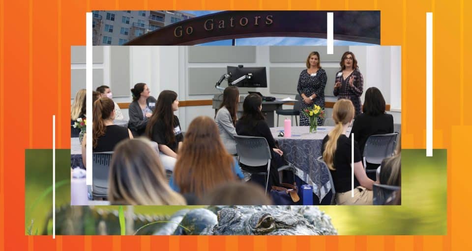 Photo of two presenters speaking to students seated in a room overlaid on a graphical background