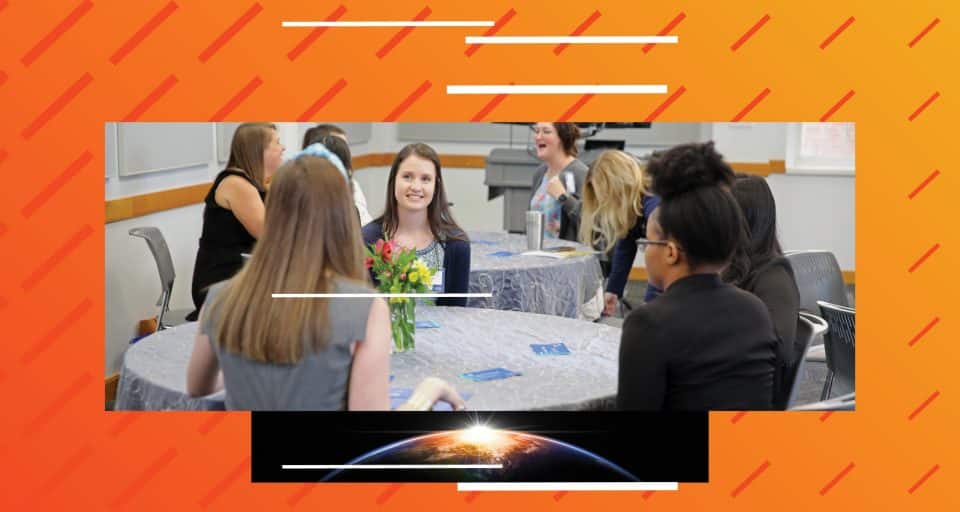 Photo of students talking in small groups seated at tables overlaid on a graphical background