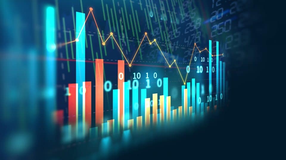 Stock market investment graph with indicator and volume data.