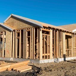 New home framed up on a construction site