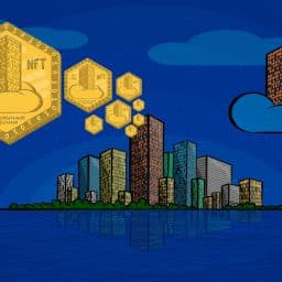 Illustration of blockchain secure tokens, a city skyline, and a building hovering in a cloud