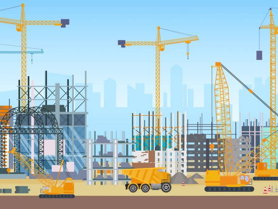 Illustration of many buildings being built with cranes and construction vehicles with a city skyline in the background