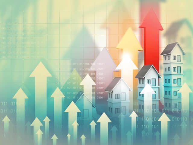 Graphic with many up arrows mixed among stacked houses and binary code