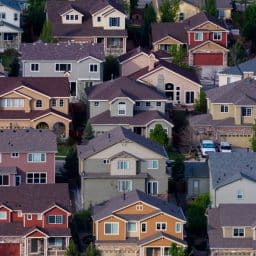 Aerial view of a neighborhood with tightly spaced houses