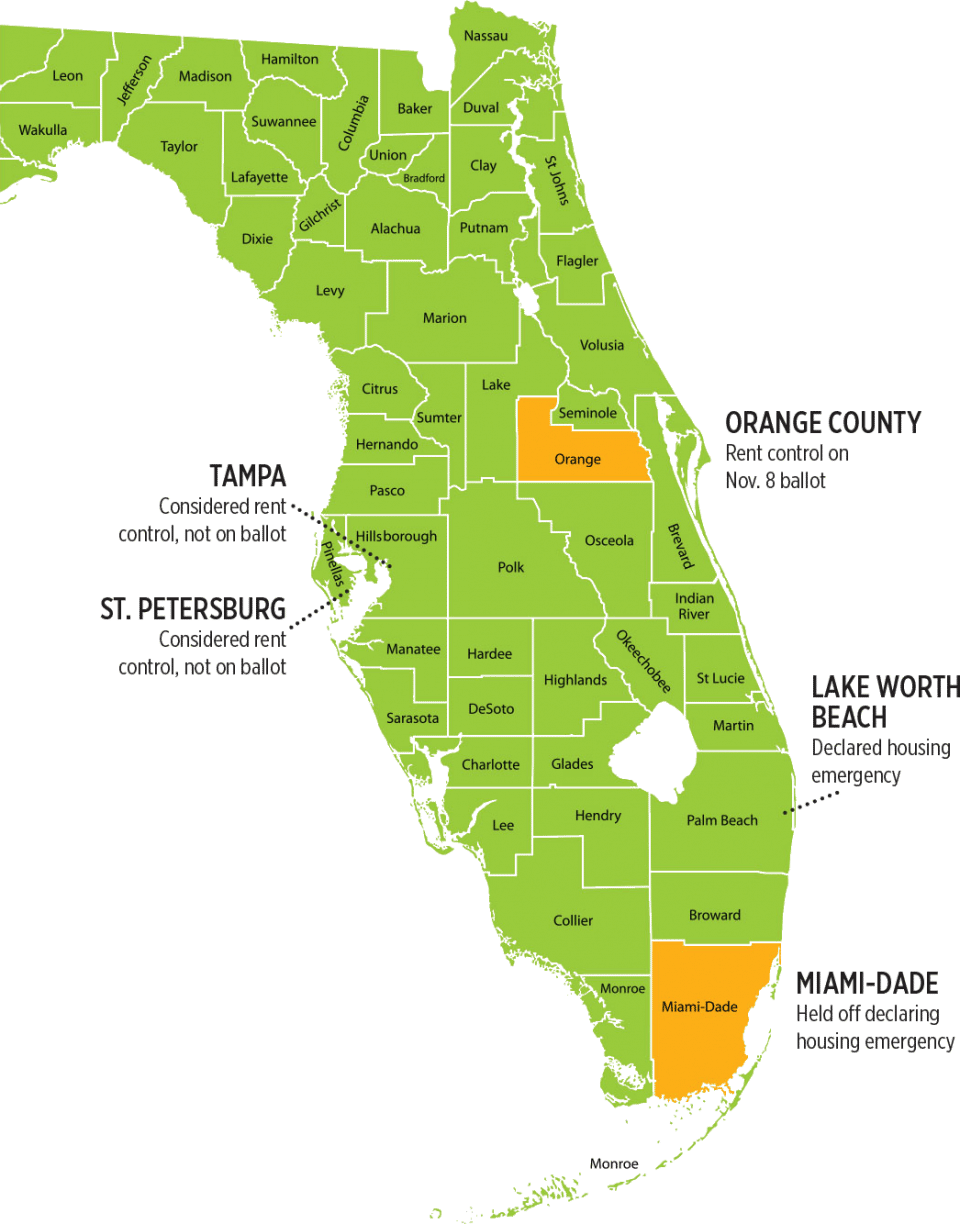 Map of Florida with callouts: Tampa considered rend control, not on ballot. St. Petersburg considered rent control, not on ballot. Orange County rent control on Nov. 8 ballot. Lake Worth Beach declared housing emergency. Miami-Dade held off declaring housing emergency.