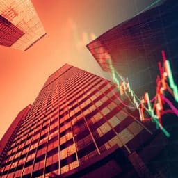 Looking skyward at skyscrapers with chartlines overlaid