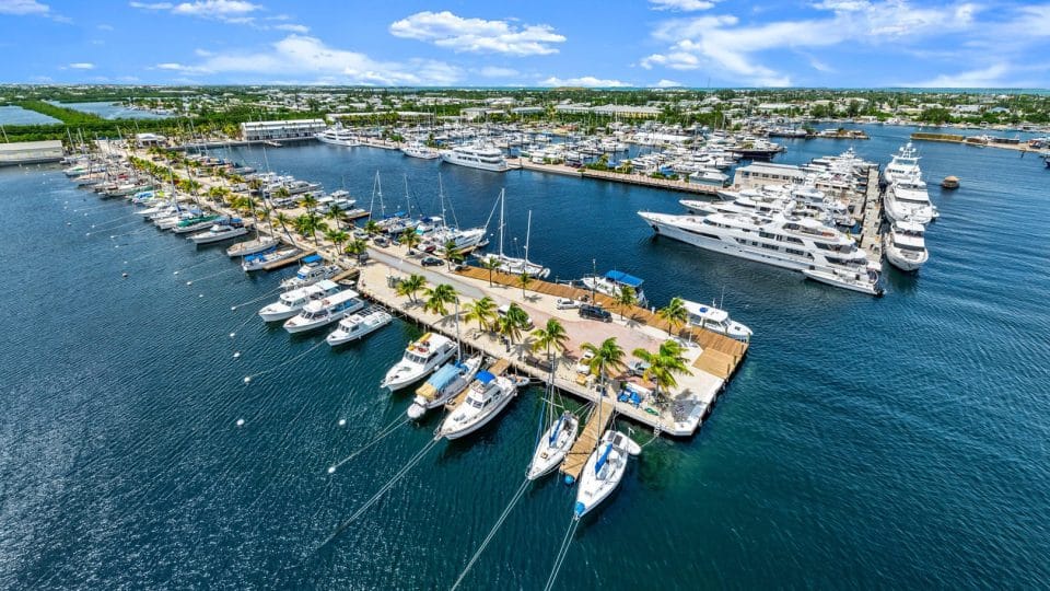 Aerial photo of Perry Marina in Key West shows it full of boats under a partly cloudy blue sky