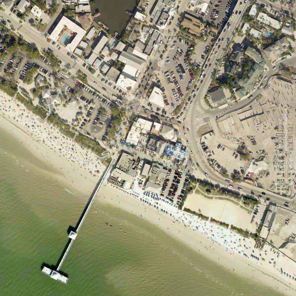 Aerial view of Fort Myers Beach busy with beach goers