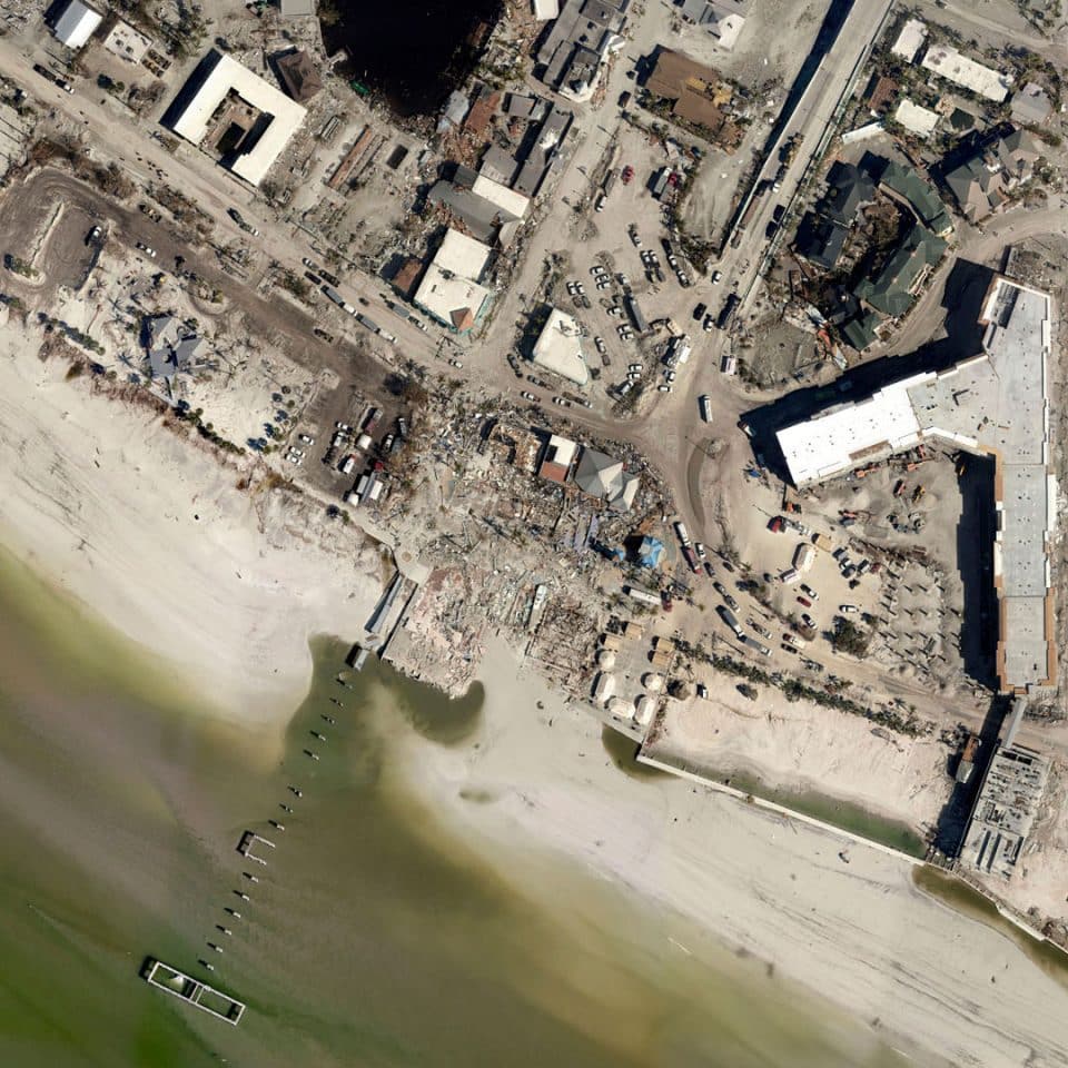 Aerial view of Fort Myers Beach showing destruction from Hurricane Ian