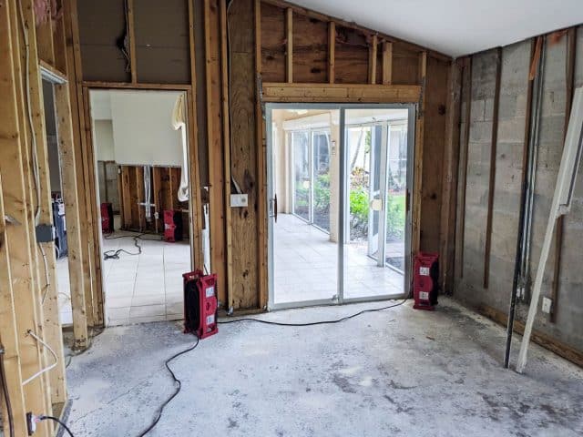 Walls and flooring removed from a home damaged by Hurrican Ian