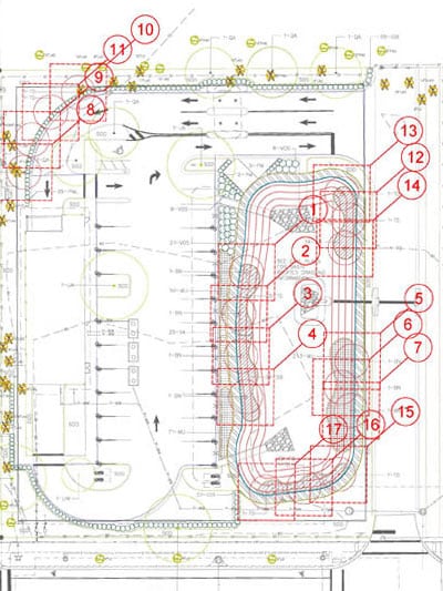 A landscape plan with 17 red circled numbers