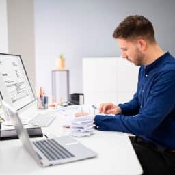 A man sits at a desk with a display, keyboard and open laptop