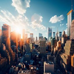 A graphic of many tall city buildings and the sky