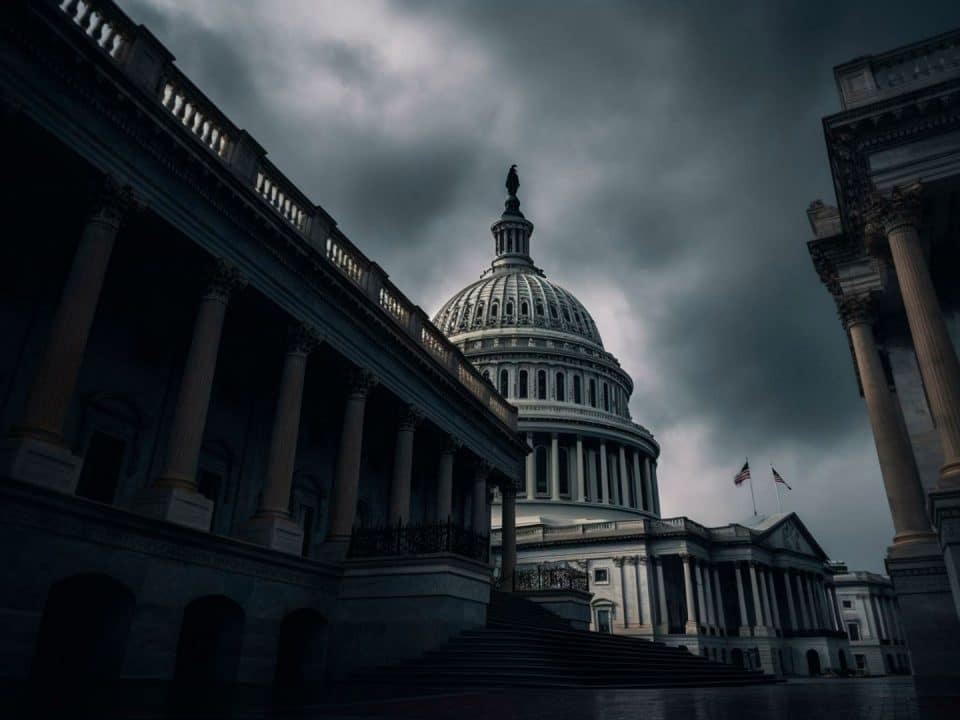 The U.S. Capitol building with dark clouds above