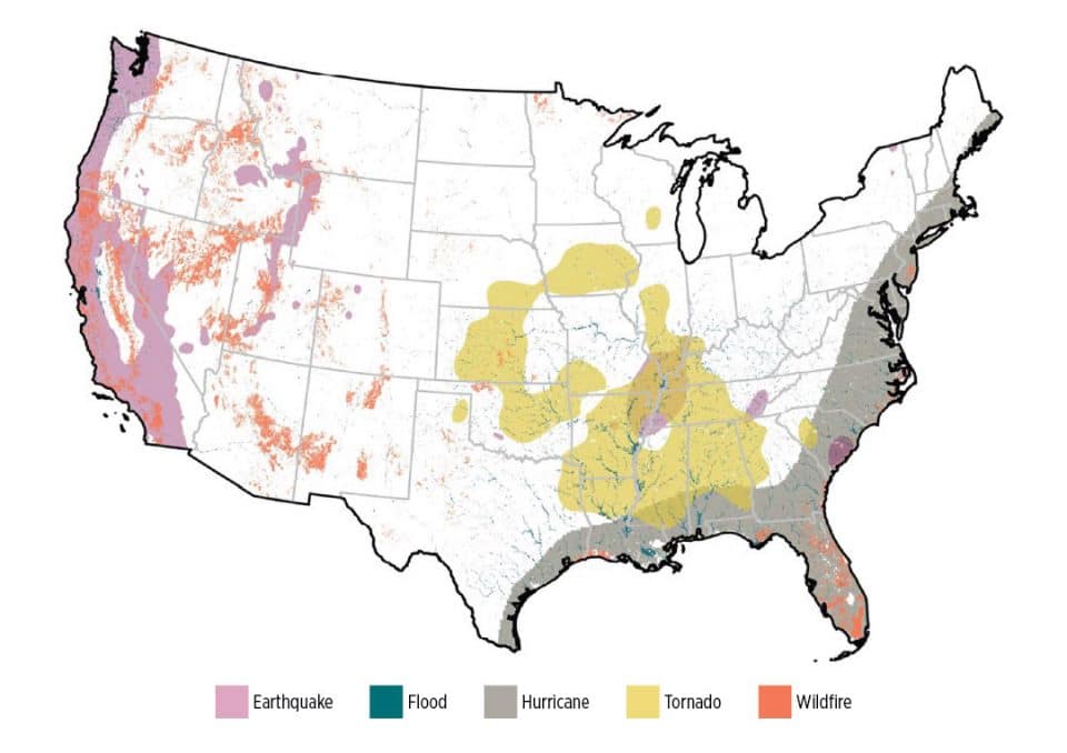 Map of the United States where areas are marked indicating high risk of earthquake, flood, hurricane, tornado, and wildfire