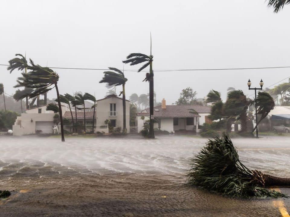 Coastal homes during a hurricane endure winds and storm surge