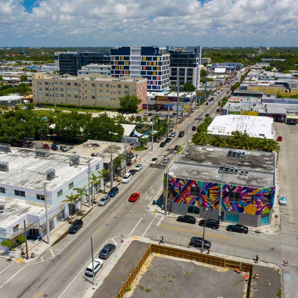 An aerial view of a variety of commercial buildings