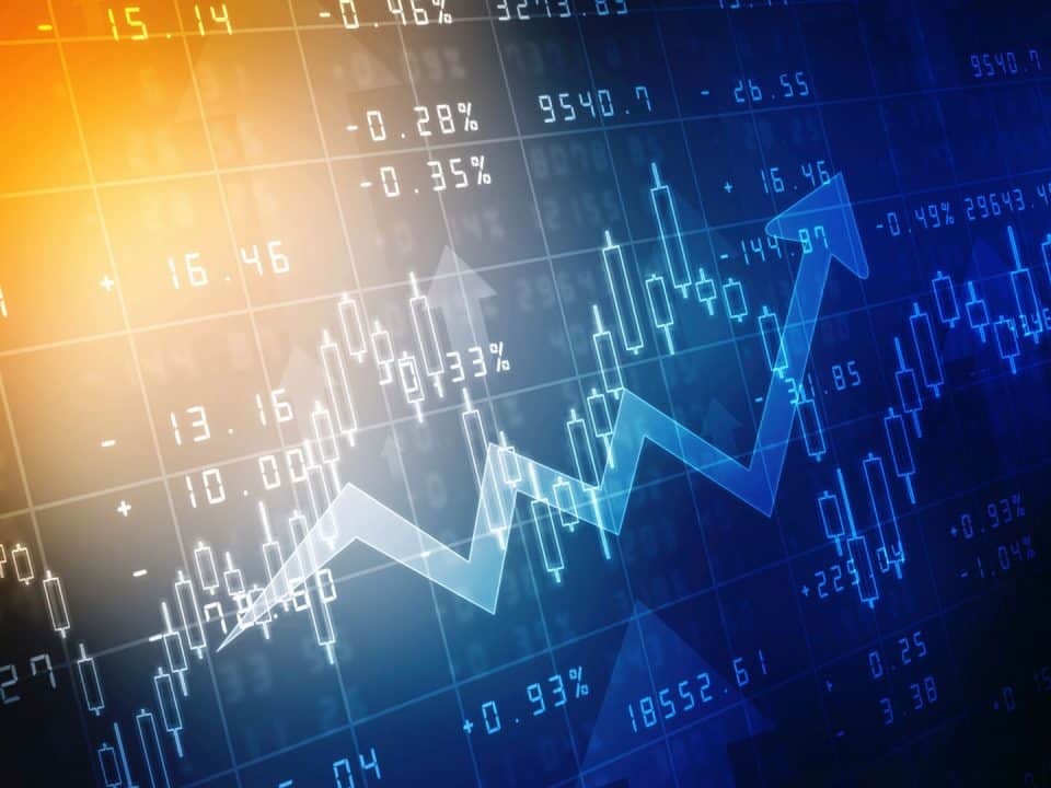 A graphic depicting charts and numbers overlaid on each other on a grid with a gradient background that fades from orange to blue