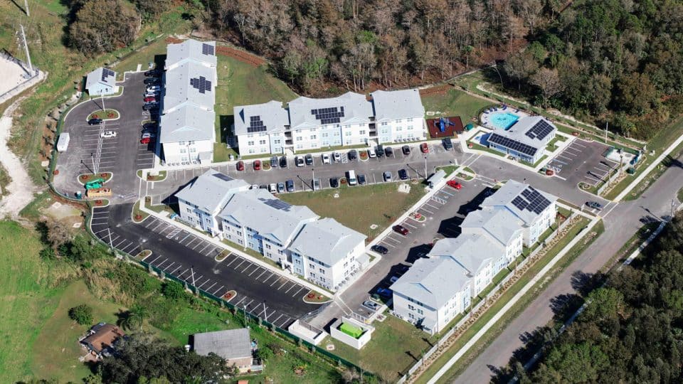 Aerial view of Banyan Hammock in Gainesville with 192 units and a club house with a pool