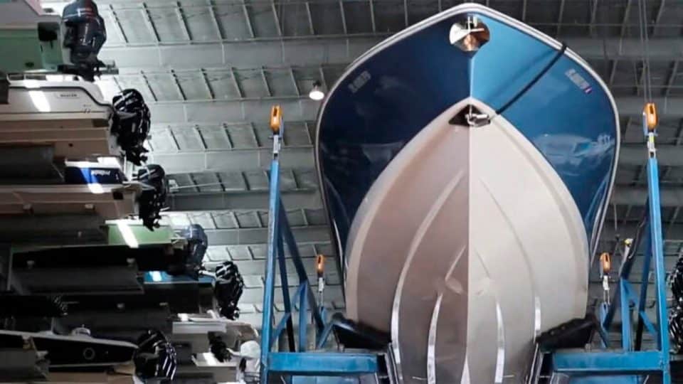 Boats in storage inside a building