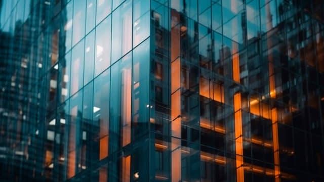 A section of a tall building with a glass exterior and a glow of light from inside