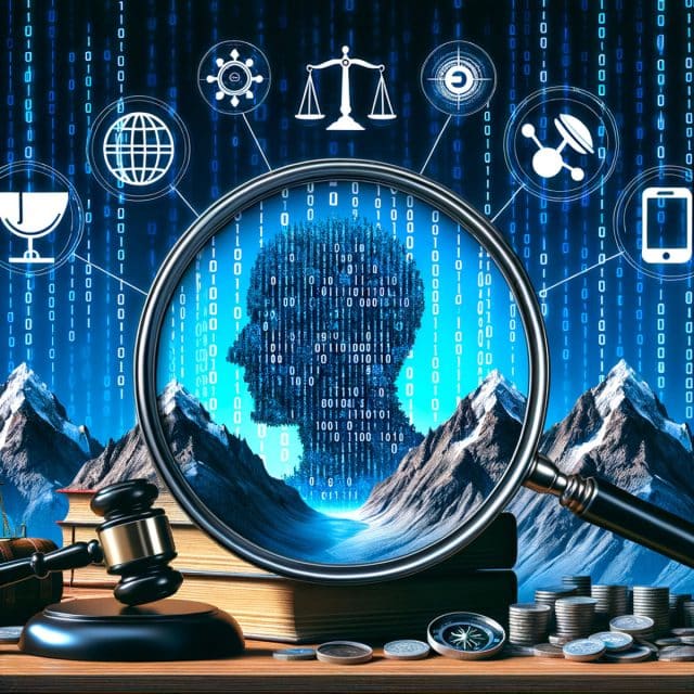 A graphic of a magnifying glass over the profile of a person's head with ones and zeros on it and mountains on the sides as various symbols surround the magnifying glass and a gavel, coins and books sit on the surface of a table