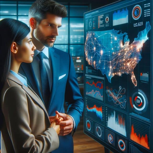 A graphic of two people looking at a display of data on a U.S. map and various charts and graphs