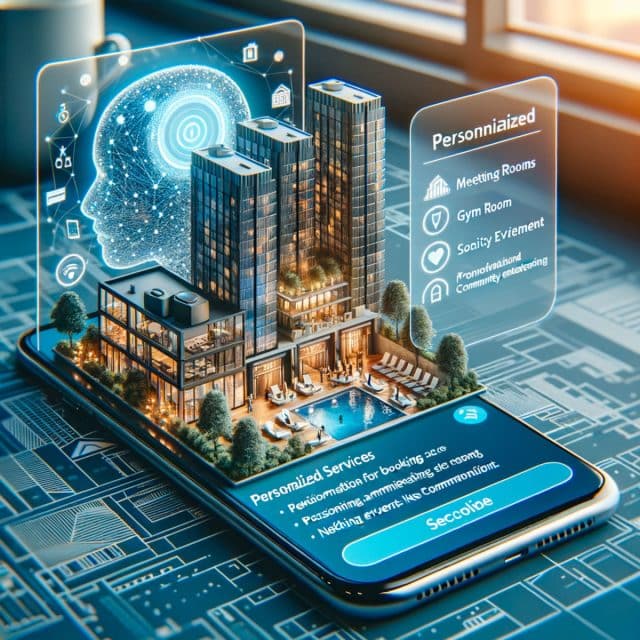 A graphic of city buildings rising up from a smartphone screen that is laying on a blueprint textured surface and virtual displays overlaid on it