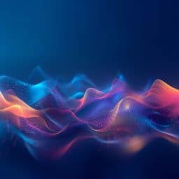 A graphic of blue, purple and orange waves with a digital speck textures