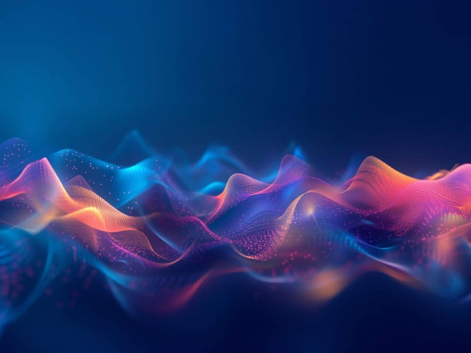 A graphic of blue, purple and orange waves with a digital speck textures