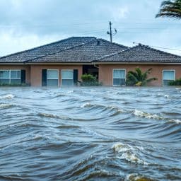 Choppy floodwaters are up to the bottom of the windows of a home.