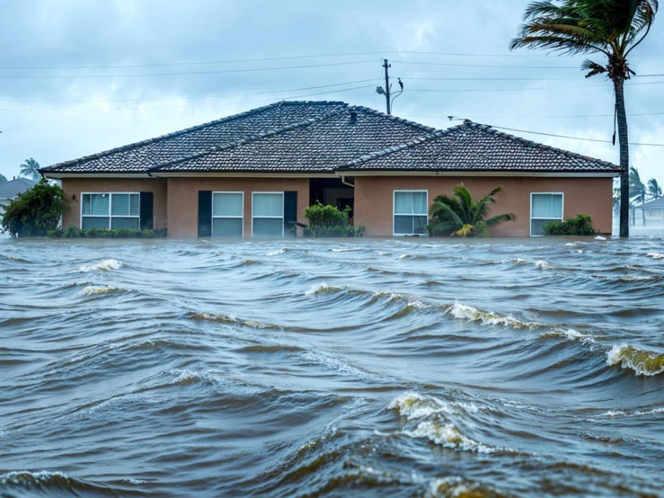 Choppy floodwaters are up to the bottom of the windows of a home.