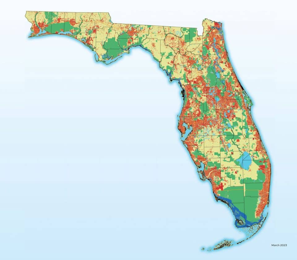 Statewide sprawl map visualization of how land use may change in the next two decades: red indicating developed, green indicating protected, blue indicating seal level rise, and yellow indicating other