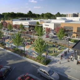 A rendering of a reimagined University Place in Chapel Hill, NC shows businesses and people enjoying an outdoor area