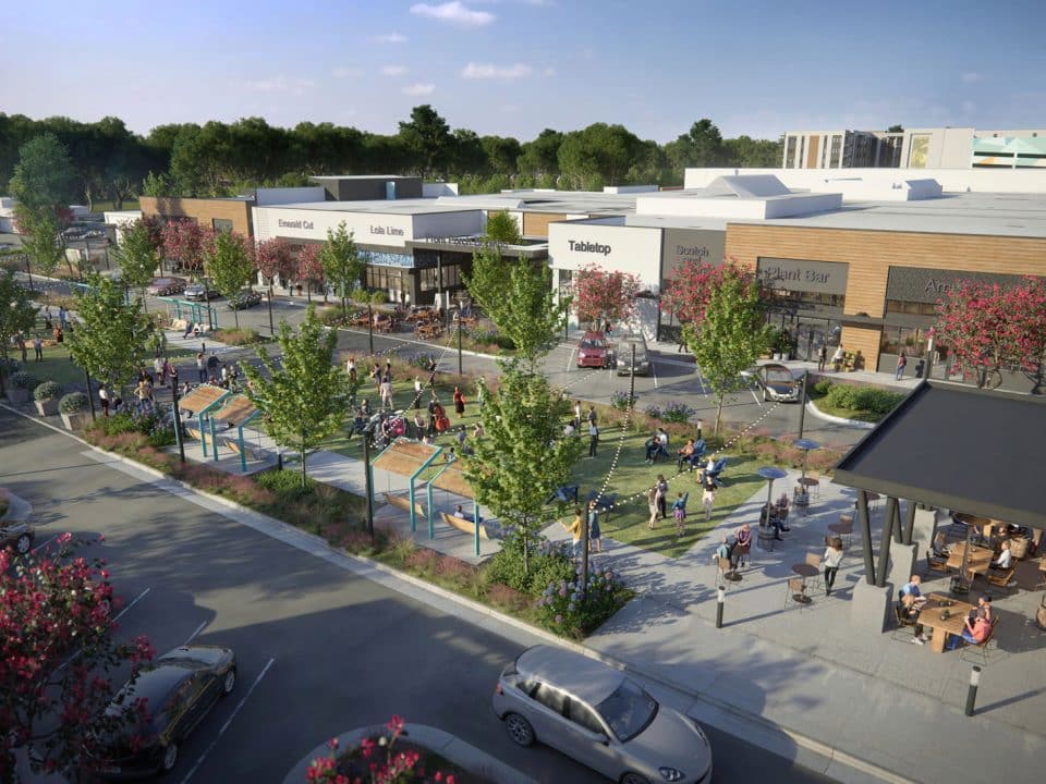 A rendering of a reimagined University Place in Chapel Hill, NC shows businesses and people enjoying an outdoor area