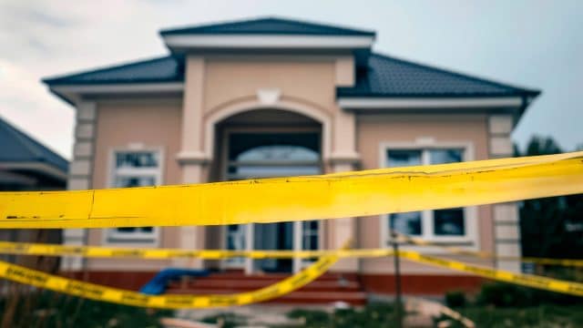 Yellow tape surrounding the front yard of a house