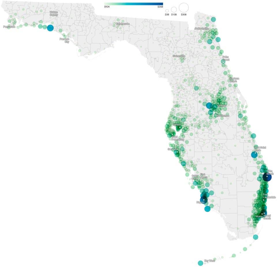 A map indicating cumulative value change for residential and commercial property by zip code