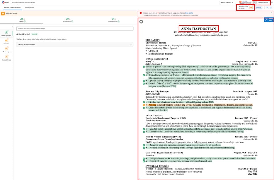 Screen capture in VMock indicating the resume score, the person's name in the upper right, the person's name at the top of the resume and the full resume