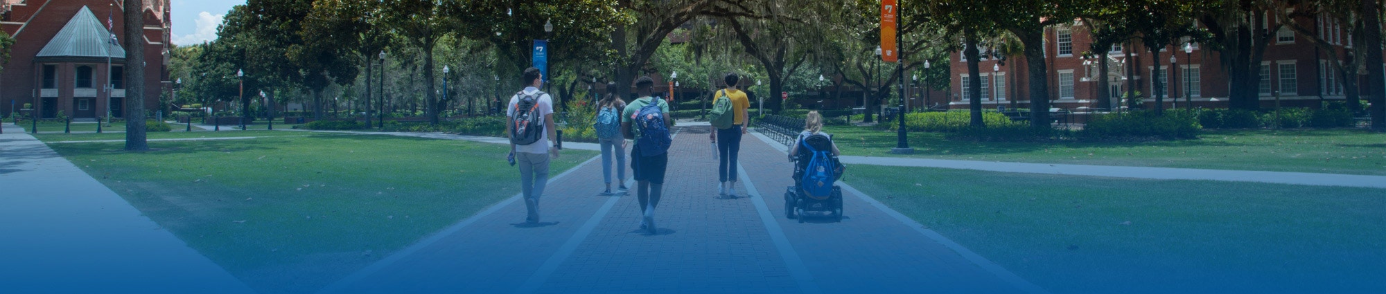 Five students traversing through the Plaza of the Americas, one student is in a motorized wheelchair