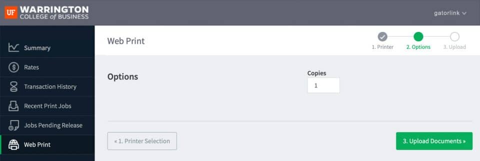 In the Printing Portal, a field to set the number of copies and in the lower right an Upload Documents button