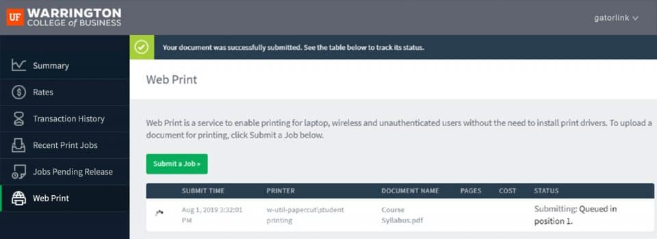 In the Printing Portal, a Submit a Job button and details of the print job processing