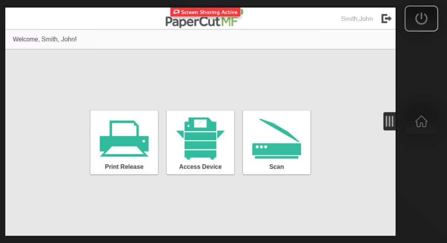 LCD screen at the printer showing Print Release, Access Device, and Scan options