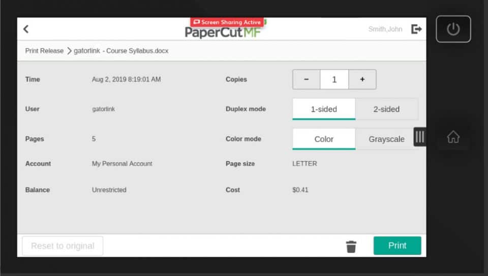 LCD screen at the printer showing job options for how many copies, duplex mode, and color mode with other details