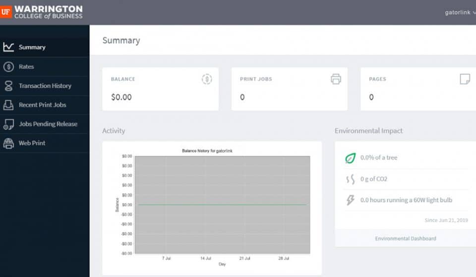 In the Printing Portal, the Summary shows Balance, Print Jobs, Pages, Activity, and Environmental Impact details