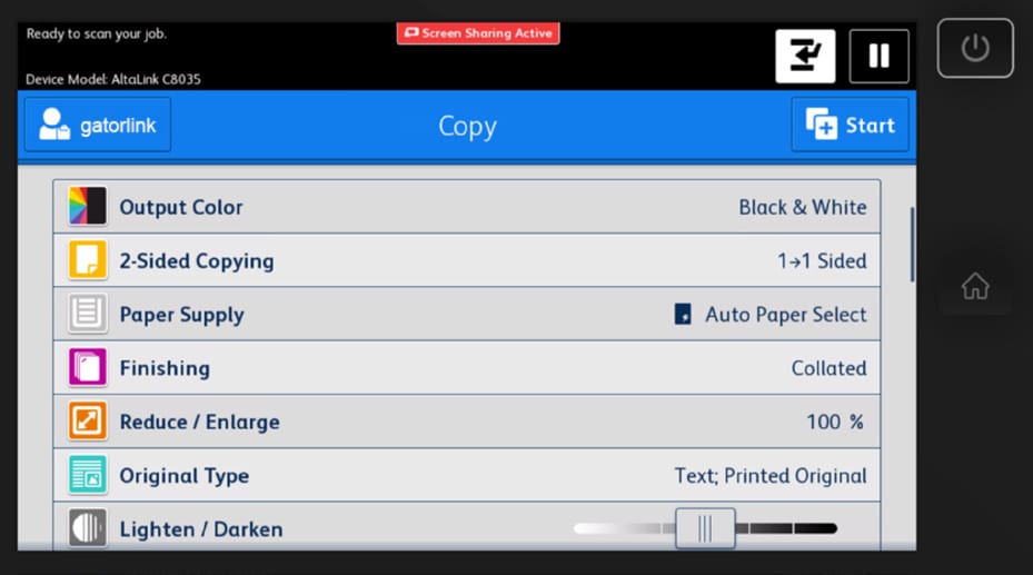 LCD screen at the printer showing the copy choices of output color, 2-sided copying, paper supply, finishing, reduce or enlarge, original type, lighten or darken, etc