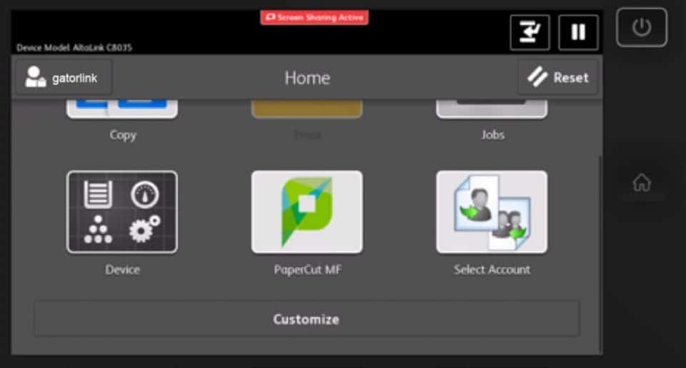 LCD screen at the printer showing Device, PaperCut MF, and Select Account as the last three choices on the screen