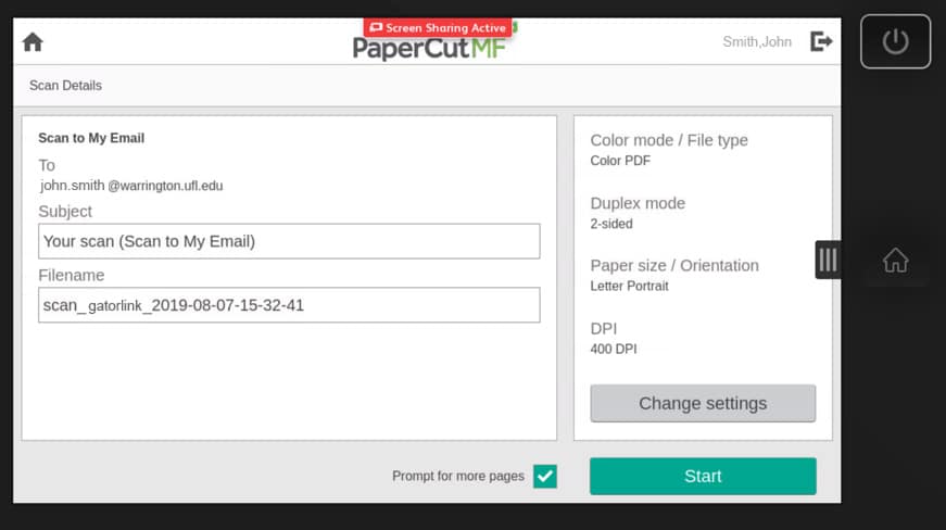 LCD screen at the printer showing the Scan to My Email fields with Change Settings and Start buttons